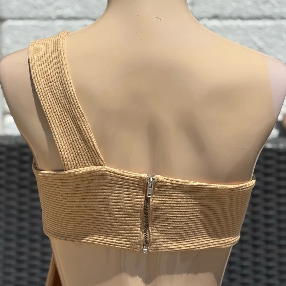 Tan Ribbed One-Shoulder Top - Picture 3 of 5